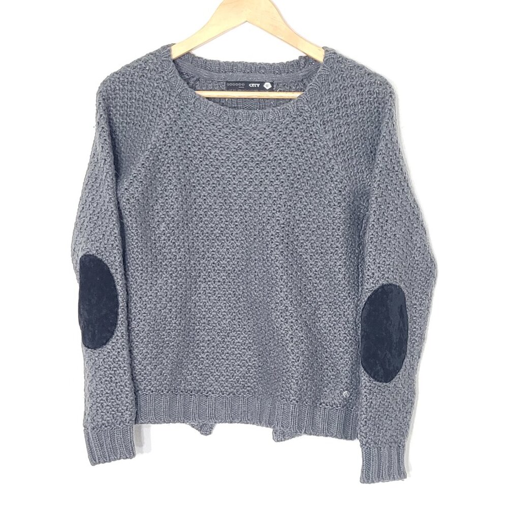 Bonobo City Women's Gray Black Drop Shoulder Elbow Patch Pullover Sweater Size S